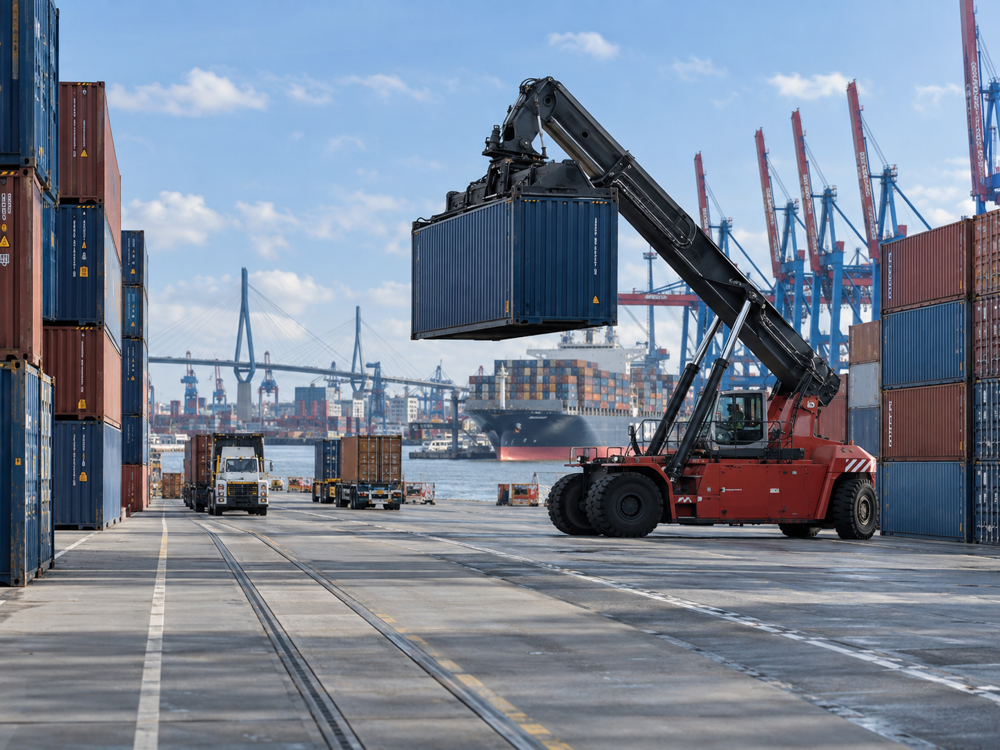 Reach stacker working in a Hamburg container yard