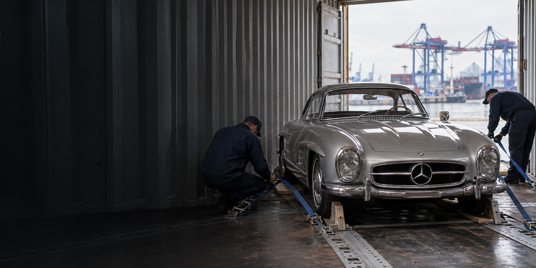 Classic car prepared for container shipping